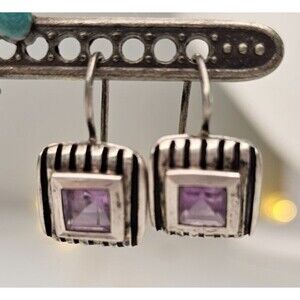 VTG Amethyst Square Stone 925 Sterling Silver Drop Dangle Earrings 1"L x 5/8"W